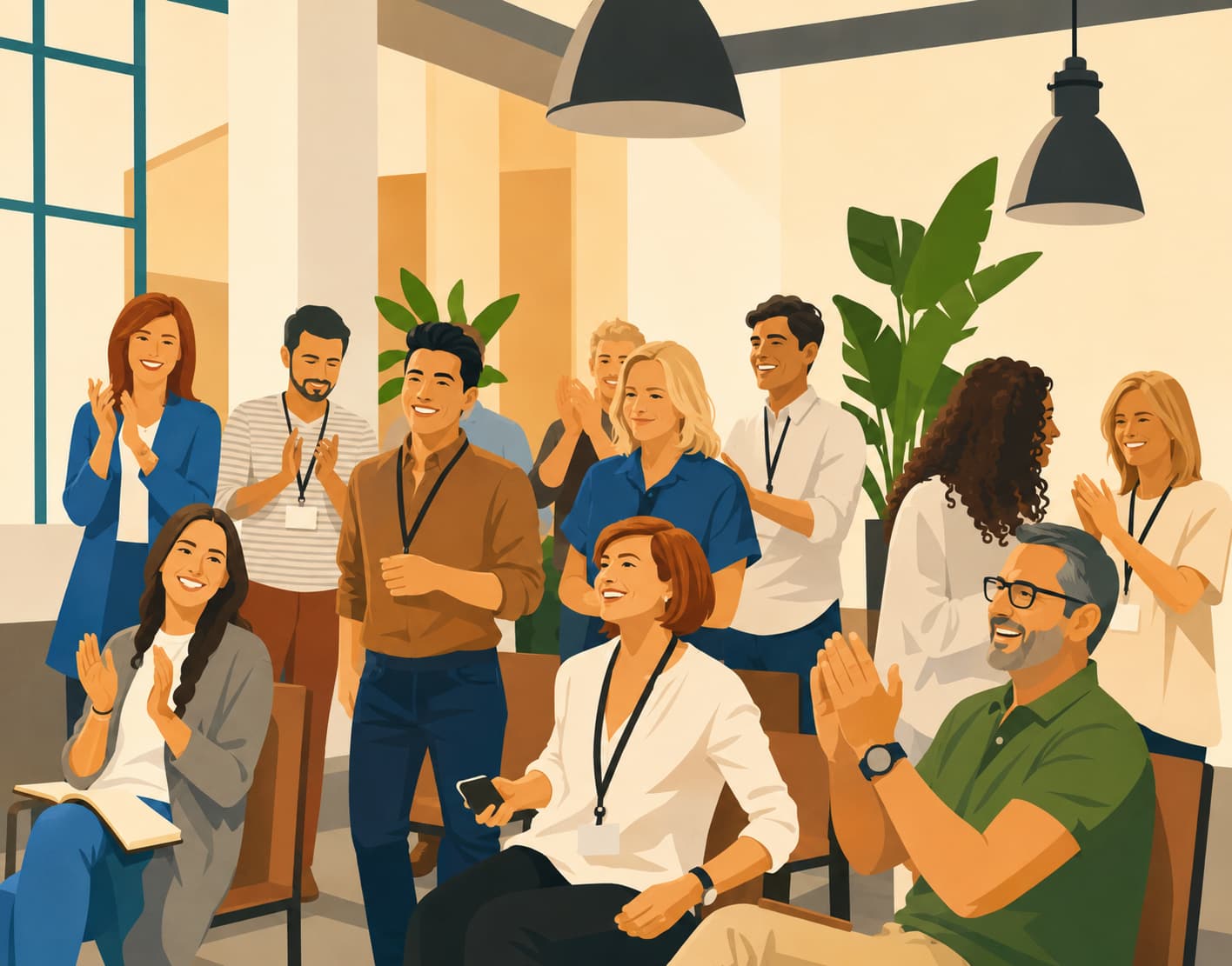 Employees celebrating together in a bright workplace
