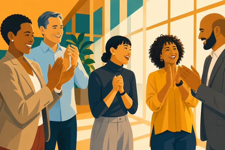 Diverse colleagues celebrating employee success in the workplace