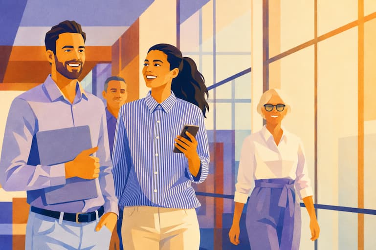 Employees discussing personalized benefits in a modern workplace