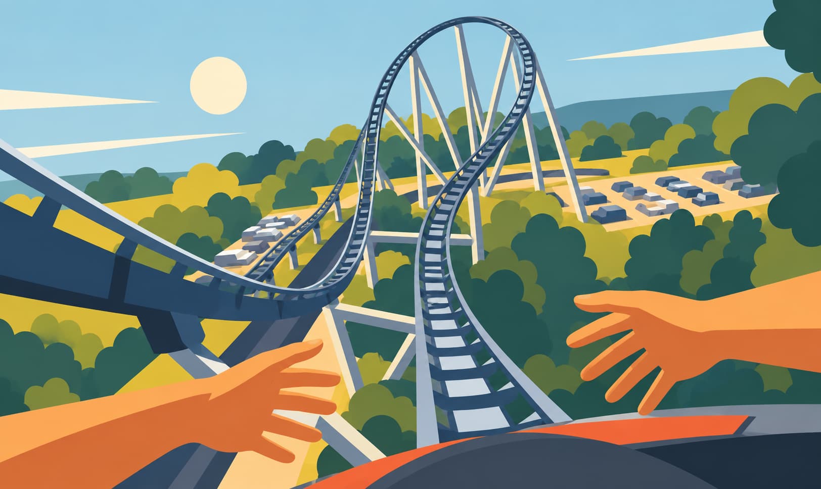 Illustration of a roller coaster with steep climbs and loops, viewed from the front seat.